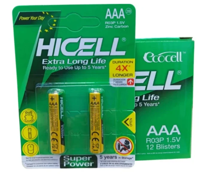 HICELL Pila Hicell Verde R03P 2B AAA | SKU: R03P-2B | Caja x 30 BOX